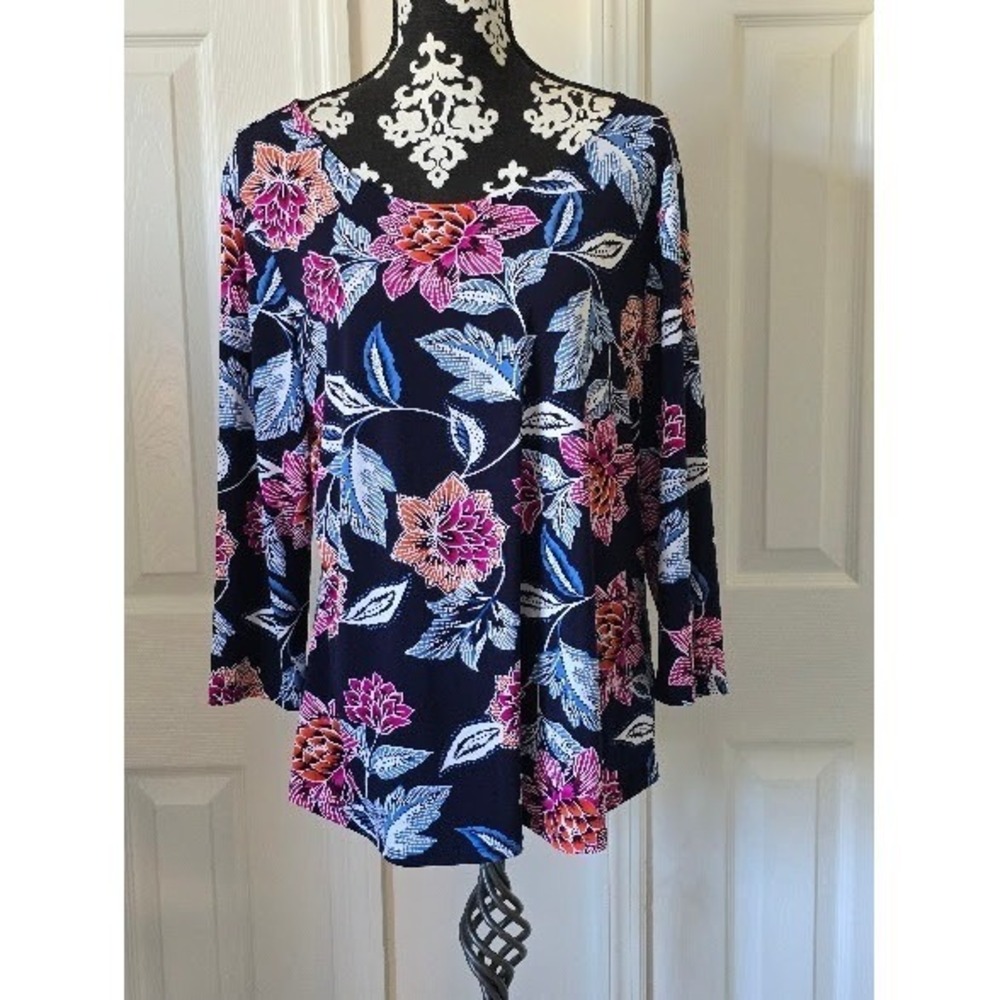 Ruby Rd Women's L Navy Floral Long Flare Sleeve Stretch Knit Tunic Top